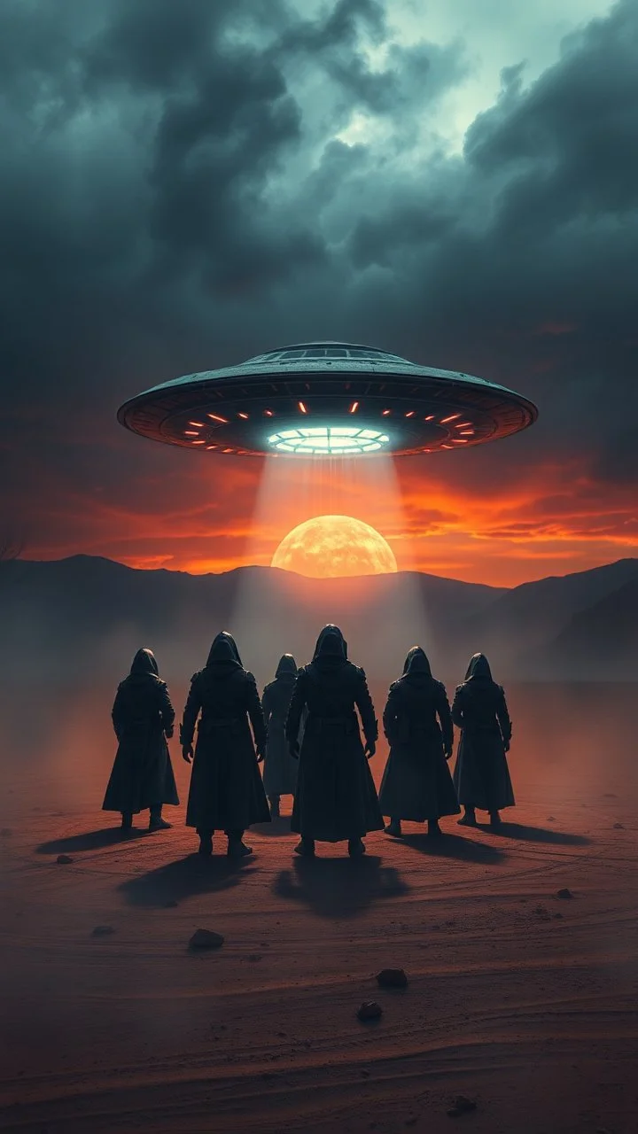 Bosch painting style nightmare , 3D ,a group of men in black led by ufo on the ground in a dramatic misty scene of the sunset time in a stormy weather in the desert background, high Quality picture , 8k