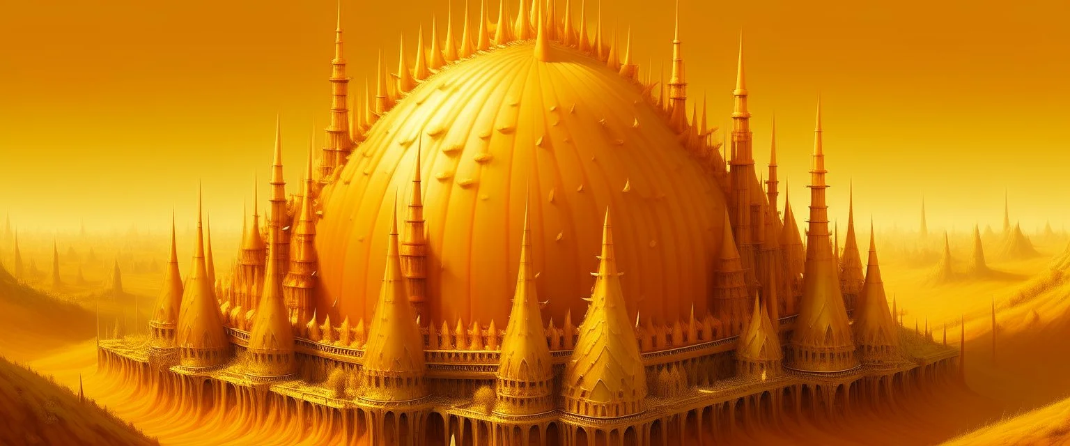 A golden orange colored citadel covered in spikes painted by Cai Jia