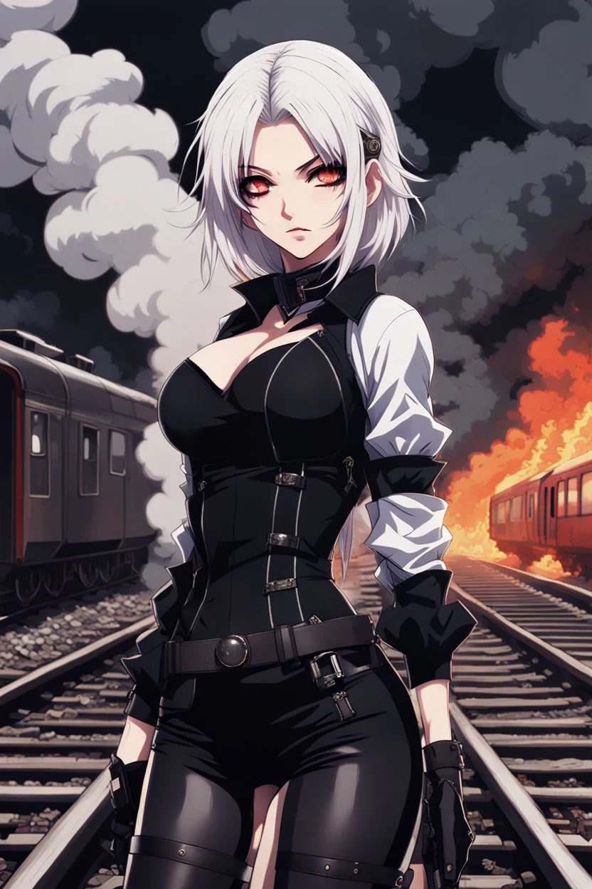 close-up gothic anime girl, white hair, tight outfit with gun on thigh, standing on a train track, smoke and fire surroundings, she is dull and dark, looks determined , train approaching behind her, poeti style