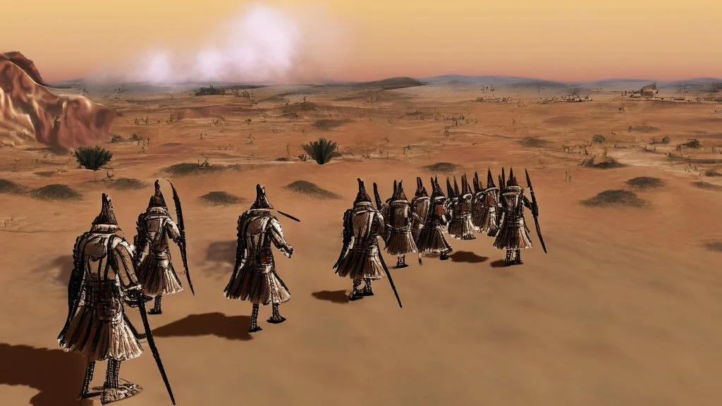 desert, highly detailed, comic style warriors from behind, in the background far away a highly detailed cdesert city