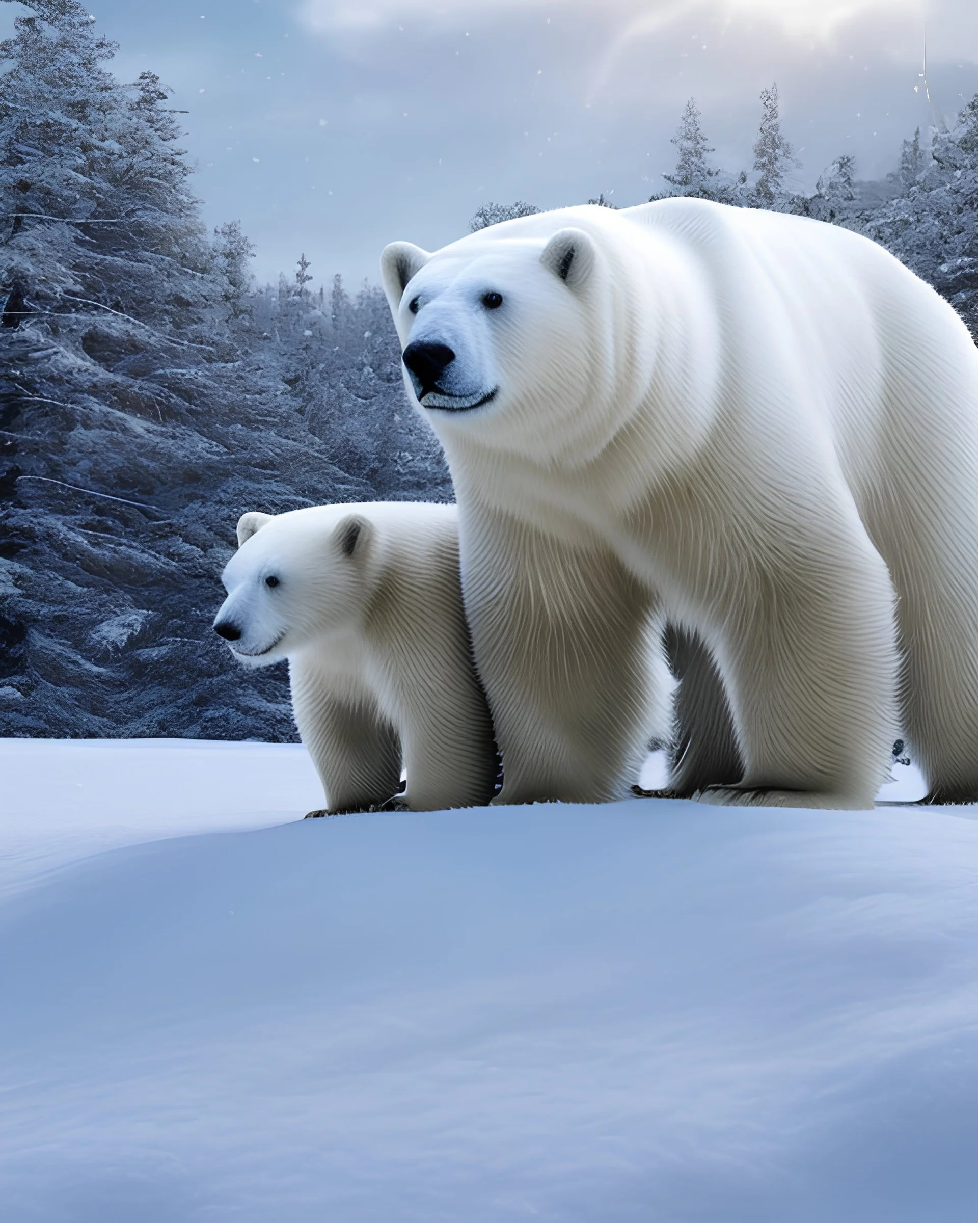 Oso polar con sus cachorros en la nieve cuerpo completo obra de arte pintura al óleo colores contrastantes nítido impactante hiperdetallado sombras 3D hiperrealista coherente clima soleado nubes iluminación cinematografica 8k