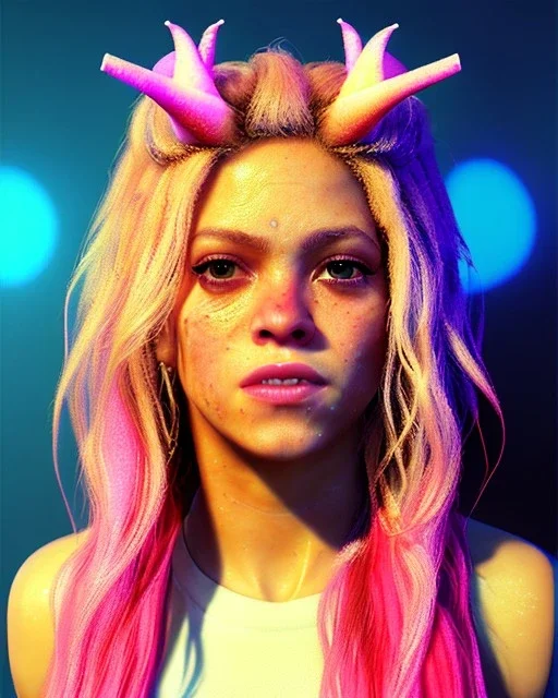 portrait, Shakira, blonde artist, Realistic image, drinking a strawberry milkshake, pink line make-up, sweat, fog, goddess style, Neon colors, leds. Color background, photo studio, concept art, smooth, unreal engine 5, god lights, ray tracing, RTX, lumen lighting, ultra detail, volumetric lighting, 3d, finely drawn, high definition, 4k.