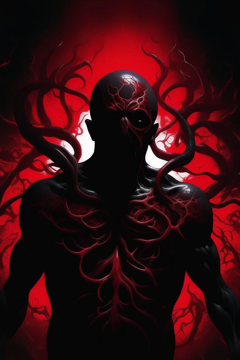 dark sihlouette of a man violently split in two vertically from the center of his chest up to his head, with red tentacles bursting out of the center of his chest