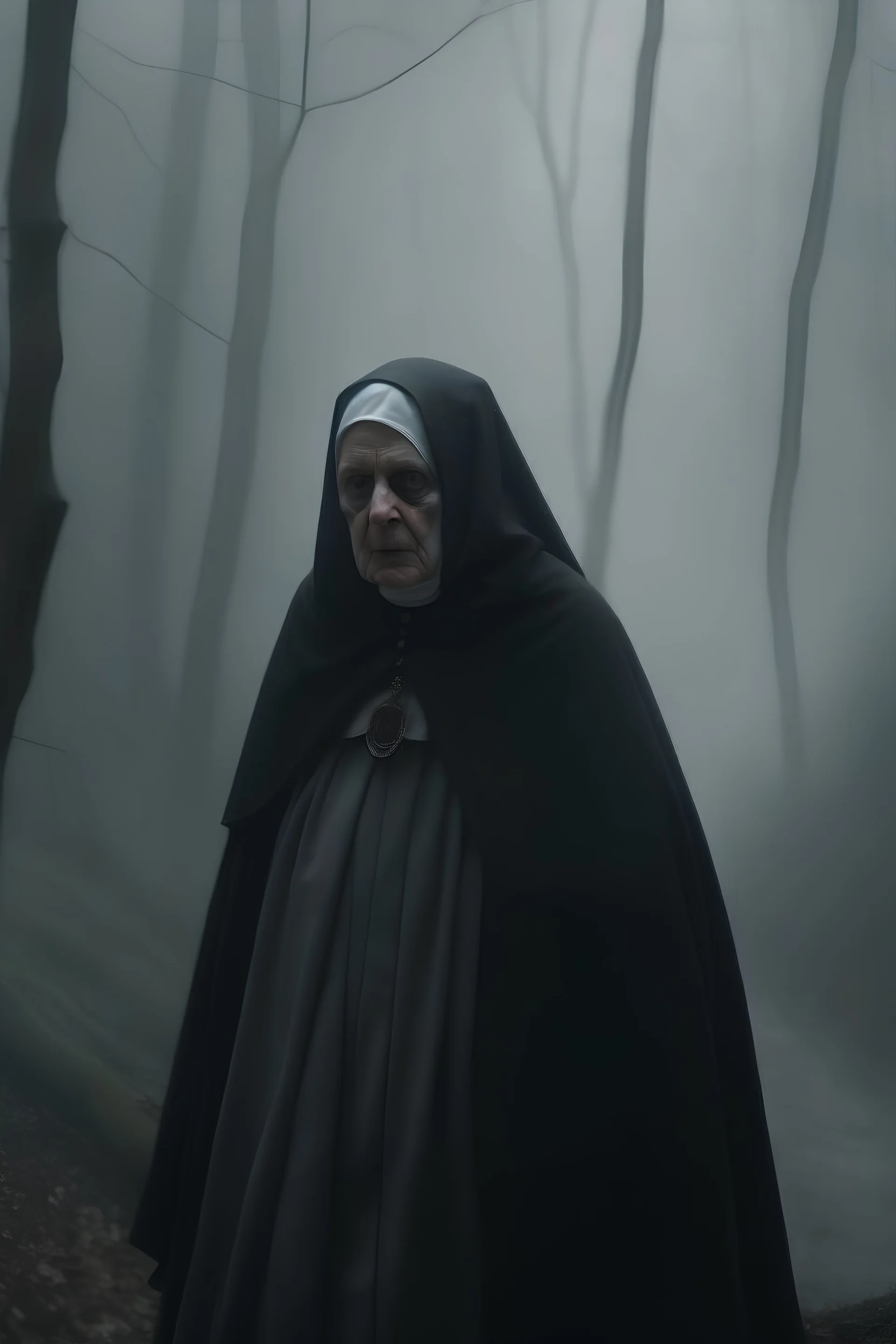 demon evil nun in thick misty forest next to a monastery without a face looking down