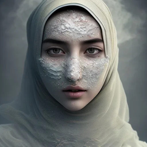 clouds of fog as Afghan woman's face, dissolving, disintegrating, wearing hijab, fine detail, highly intricate, modern surrealism painting, high-quality, volumetric lighting, 8k, ultrahd, George Grie, Marco Escobedo, Igor Morski,Brian Froud, Howard Lyon, Selina French,