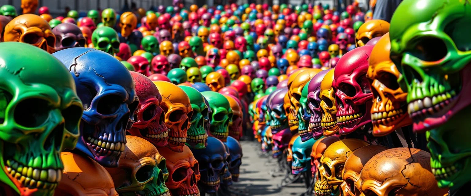 a field of skulls, multi colored, bright, vivid, psychedelic, high detailed, high gloss, insanely detailed, matte, horrorcore, lining the street, unsettling contrast, monument to death, grim reaper parade