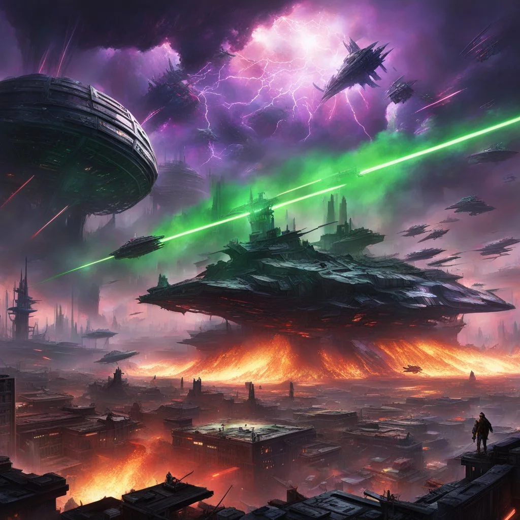 The environment is a shattered battlefield. The background shows a devastated cityscape, buildings reduced to skeletal structures under an apocalyptic, smoke-choked sky painted in swirling hues of toxic green, deep purple, orange, and crimson. Overhead, distant massive capital ships and swarms of smaller fighters engage in a chaotic ballet of laser fire and explosions, illuminating the heavy cloud cover with strobe-like bursts of light and color. The ground itself is torn apart, craters emitting