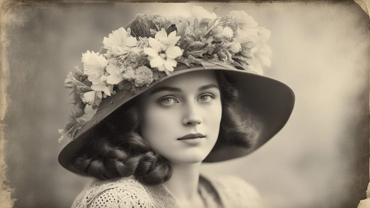 Vintage photograph of a young woman in a hat with flowers