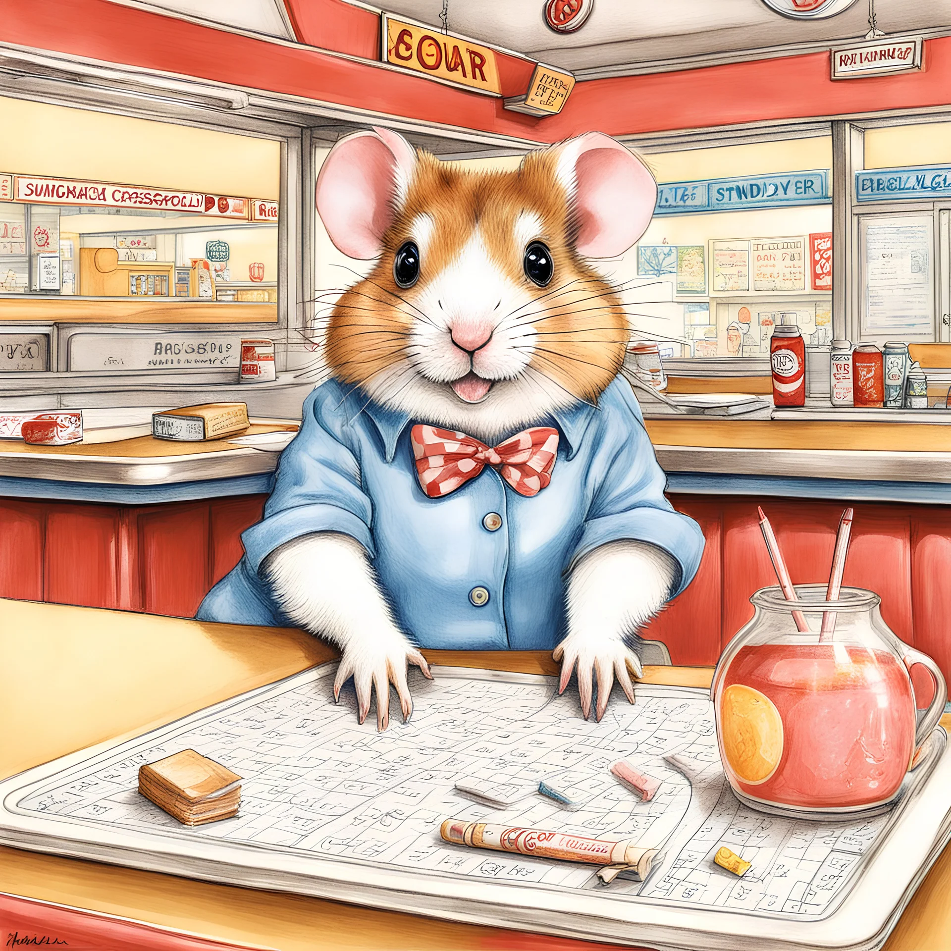 whimsical rough-color pencil sketch of an anthropomorphic bespectacled hamster filling in the Sunday crossword puzzle sitting at a 50's diner counter, by Hannah Dale