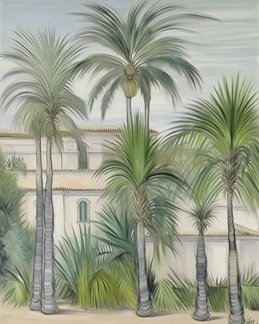 A light gray oasis with tall palm trees painted by Maurice Utrillo