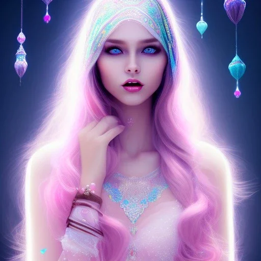 beautiful, soft, smiling face, whole head, long straight blonde hair blues eyes, crown on the head, clothing in transparent bluish and pink veil, background brillante bluish and pink, hight definition, 8K