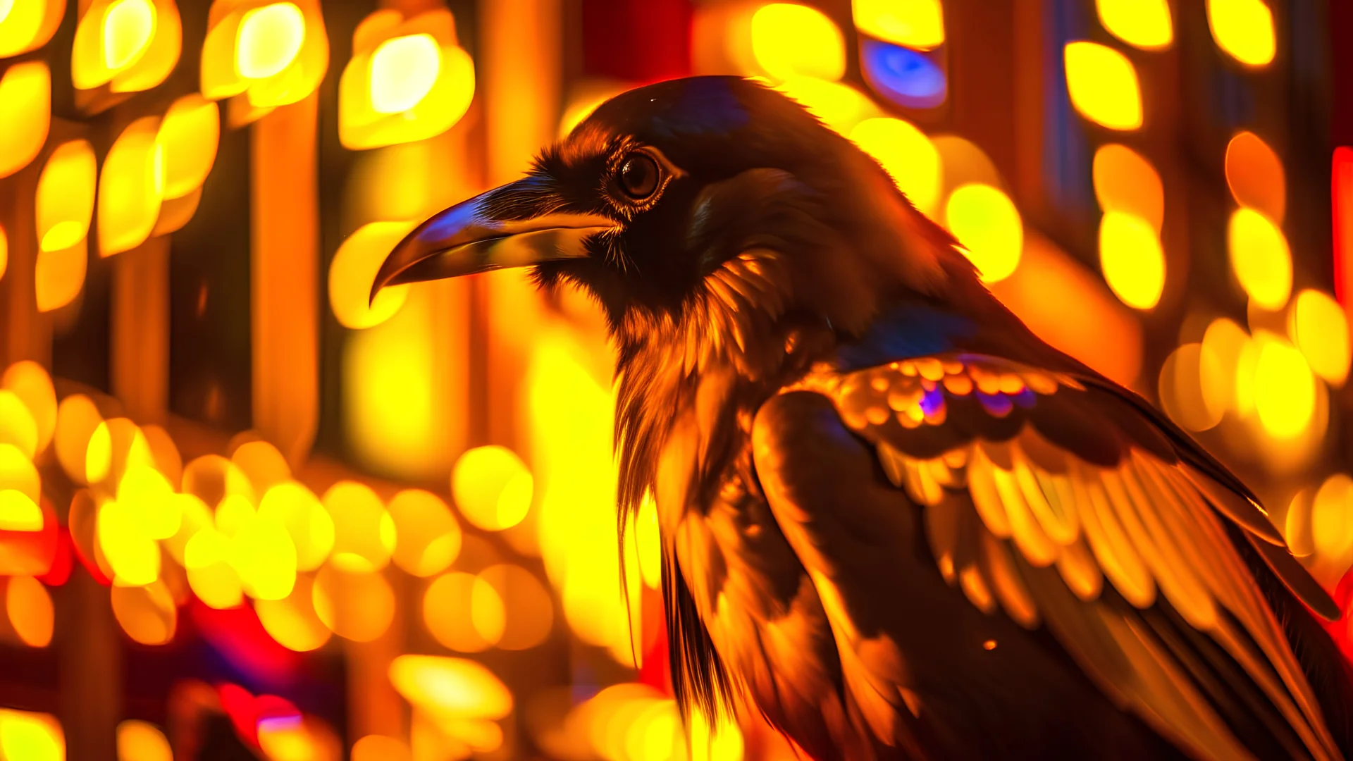 Capture a captivating image of a crow donning a punk leather jacket amidst the warm glow of Christmas yellow lights. Embrace a photography style that accentuates the festive atmosphere. Ensure the composition highlights the crow's unique presence against the backdrop of cheerful Christmas lights, creating a visually captivating scene.