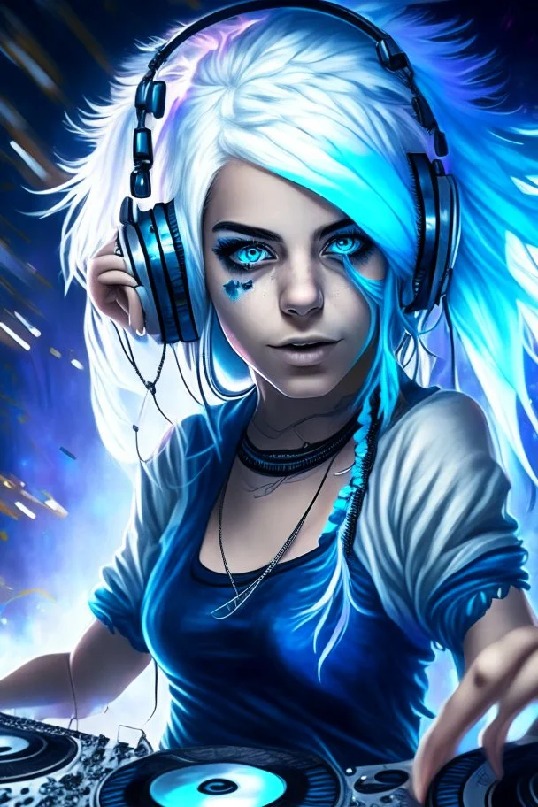 blue-white Haired Grey eyed Beautiful DJ girl spinning tunes at a disco club