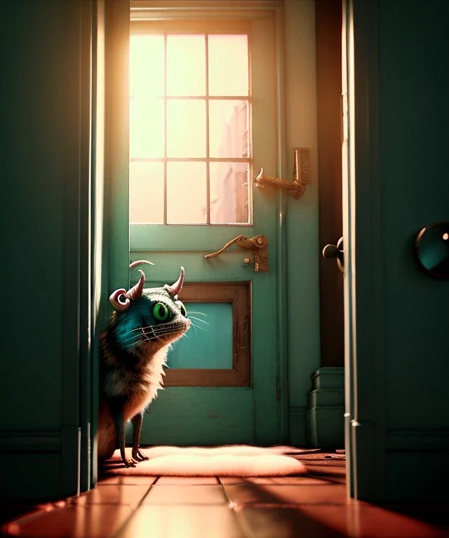 Wes Anderson photographer, room, monster peeking behind the ajar door, Ultra realistic, punk style, wide angle view, soft color, highly detailed, unreal engine 5, ray tracing, RTX, lumen lighting, ultra detail, volumetric lighting, 3d, finely drawn, high definition.