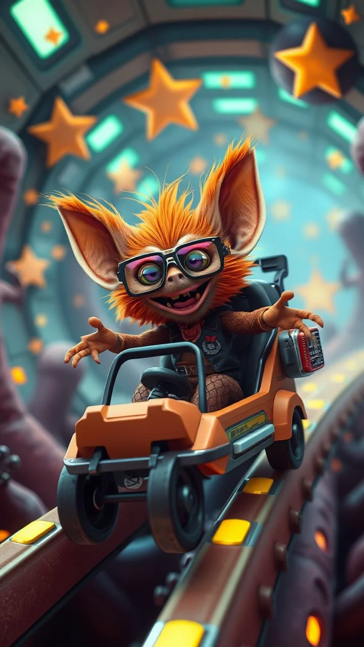 big ass space hairy hi tech alien gremlin orange laughing leather racoon cowboy with glasses in tiny cart chair jumping round in space in a weird living space camper ship driving down weird twisted tube track in space station jungle, spell jammer, Pixar-inspired, expertly crafted in a whimsical and vibrant cartoon style. is masterfully rendered in a lifelike 3D design, which captivates viewers with there irresistible charm. The background is filled with warm, inviting colored stars and a 3D rend