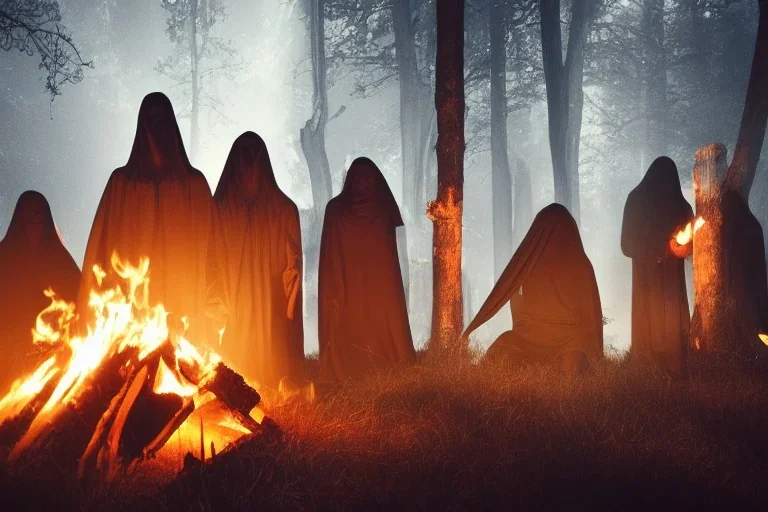 Council of cloaked people gatherd around a fire, Dark atmosphere