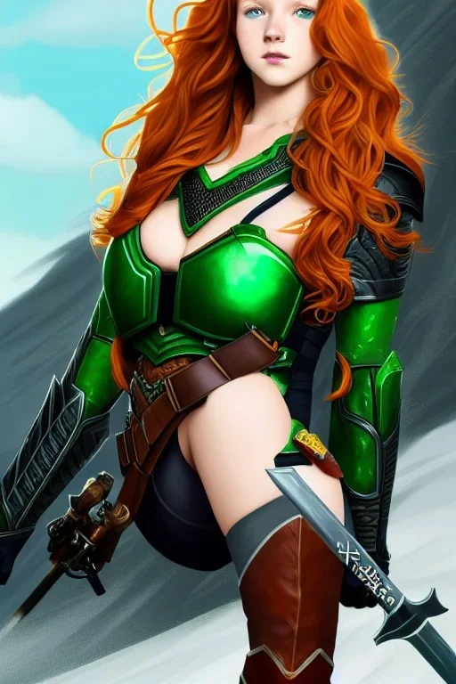 concept illustration, hyper detailed, strikingly beautiful teen female, 16 years old, long ginger hair, green eyes, medium freckles, full lips, full body, full face, b-cup breasts, athletic, centred camera, ignore NSFW, leather armor, athletic, sitting, legs spread