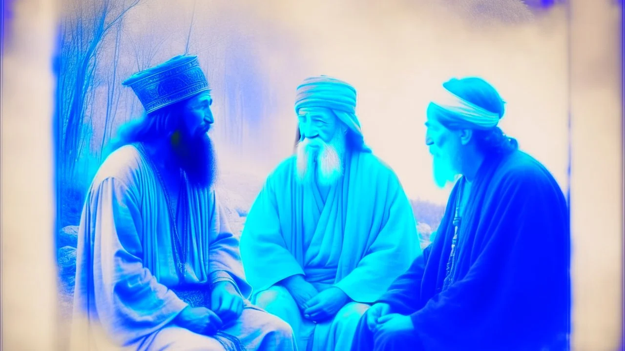 The conversation between the shaman, the shepherd and the guru, , photo combined with illustration, old analoge photo, VHS