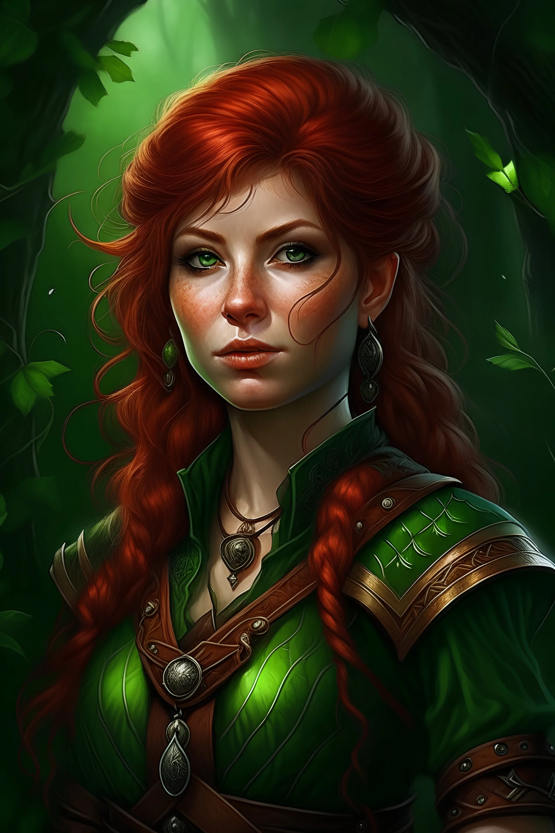Portrait of an D&D Druid woman adventurer with green eye color, red hair, solo, pinup, wearing classic adventuring leatherarmor, realistic eyes, female, solo, canvas painting, dark colors, realistic Rembrandt lighting, dark forest background