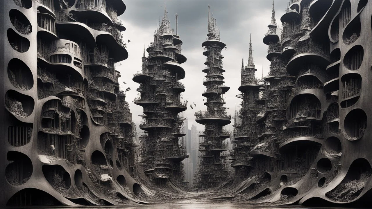 your creativity versus my imagination, tectonic arafed whimsical cityscape clove, Taro Okamoto influence, puṣkaracūḍa, made of scrap metal, detailed rounded forms, great verticals, perfect parallels, industrial vibe, shock of juxtaposition, shinigami, changelingcore, there is ugliness in beauty