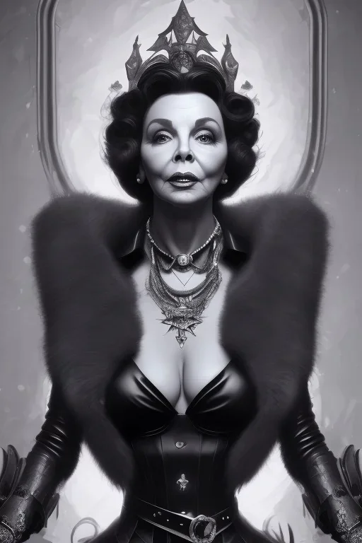 Joan Collins as evil queen in black leather, leather, busty, cleavage, angry, stern look. character design by cory loftis, fenghua zhong, ryohei hase, ismail inceoglu and ruan jia. unreal engine 5, artistic lighting, highly detailed, photorealistic, fantasy