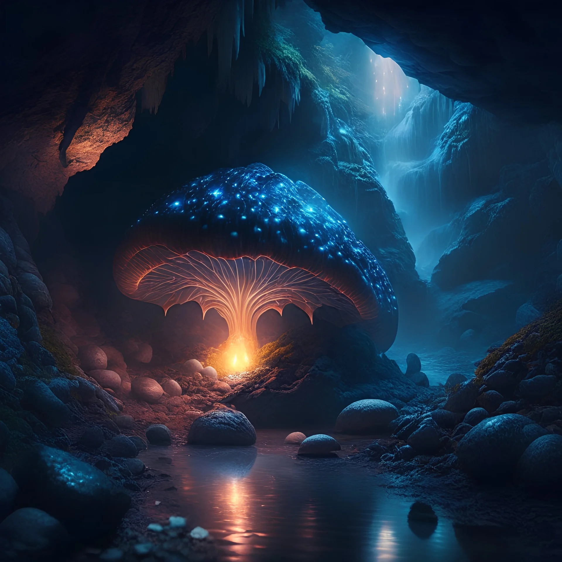 Gargantuan dragolich in dark wet cave with glowing mushrooms