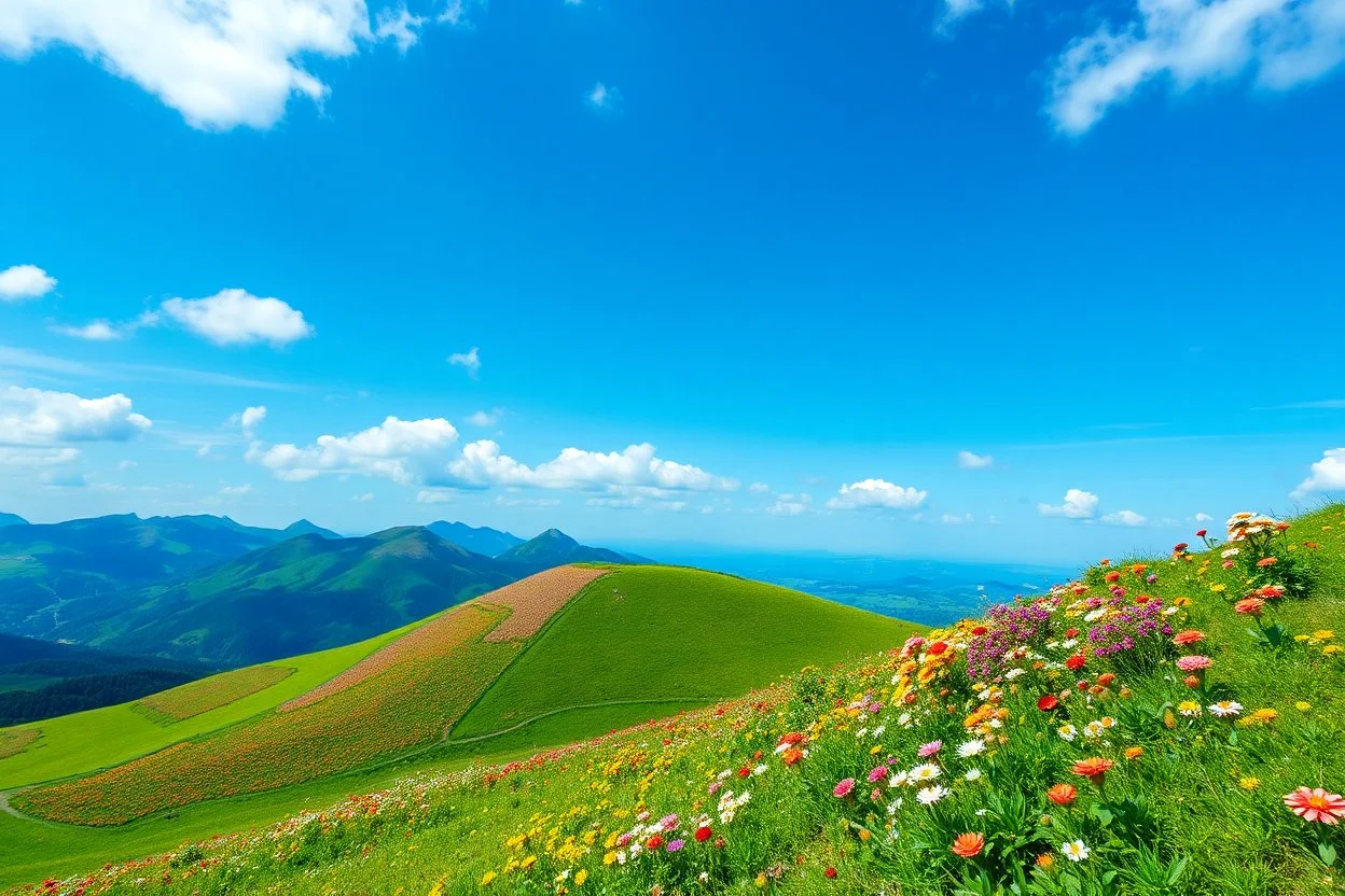 beautiful Green hills covered with flowers colorfull ,blue sky pretty clouds ,some strange flowers with love sumbol ,wonderfull mountains at distance