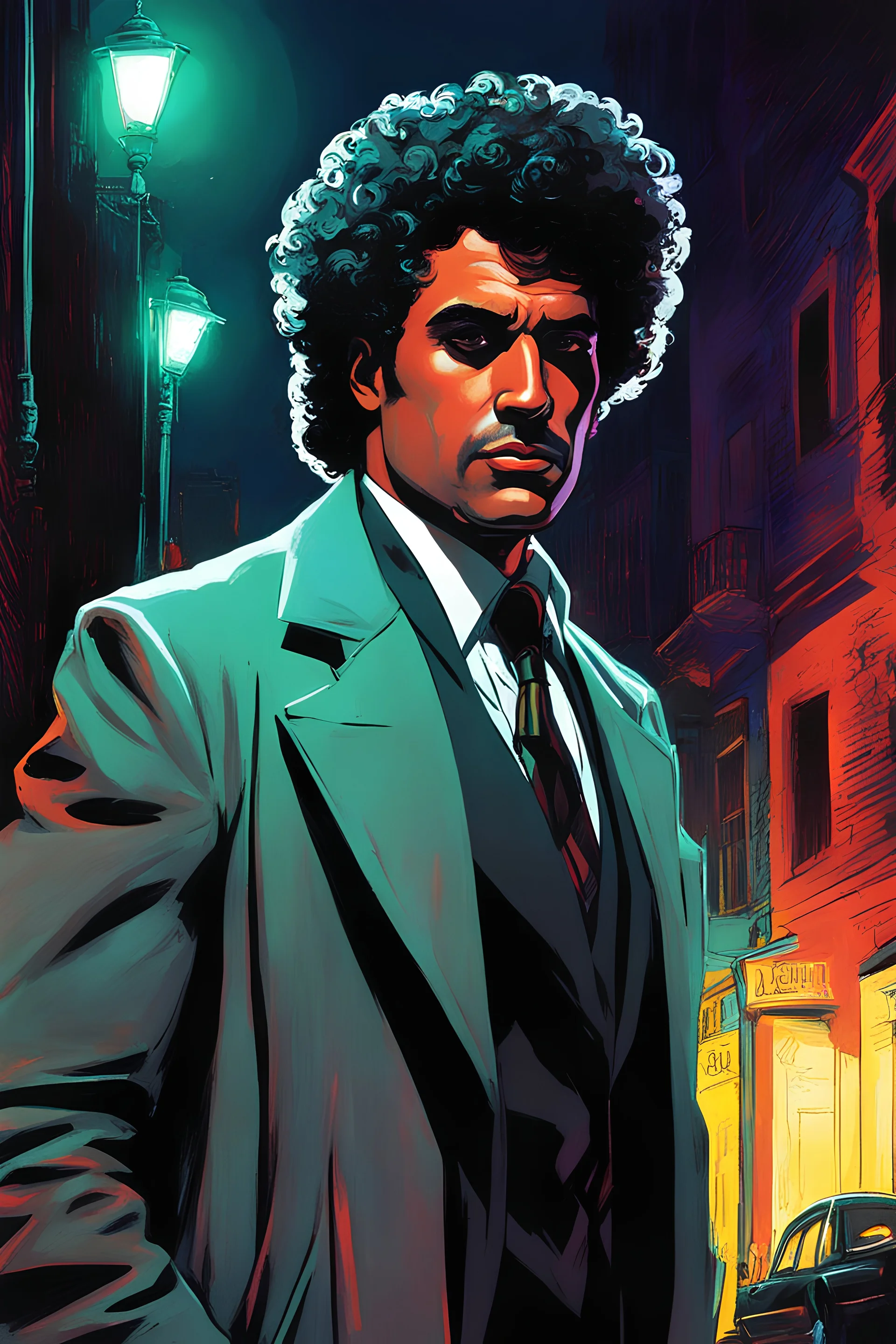 [Will Eisner] cuban detective with curly hair smokng cigarr under neonlights, bronx, brownstones, salsa, gangs, latinos, night, neon, noir, mystery