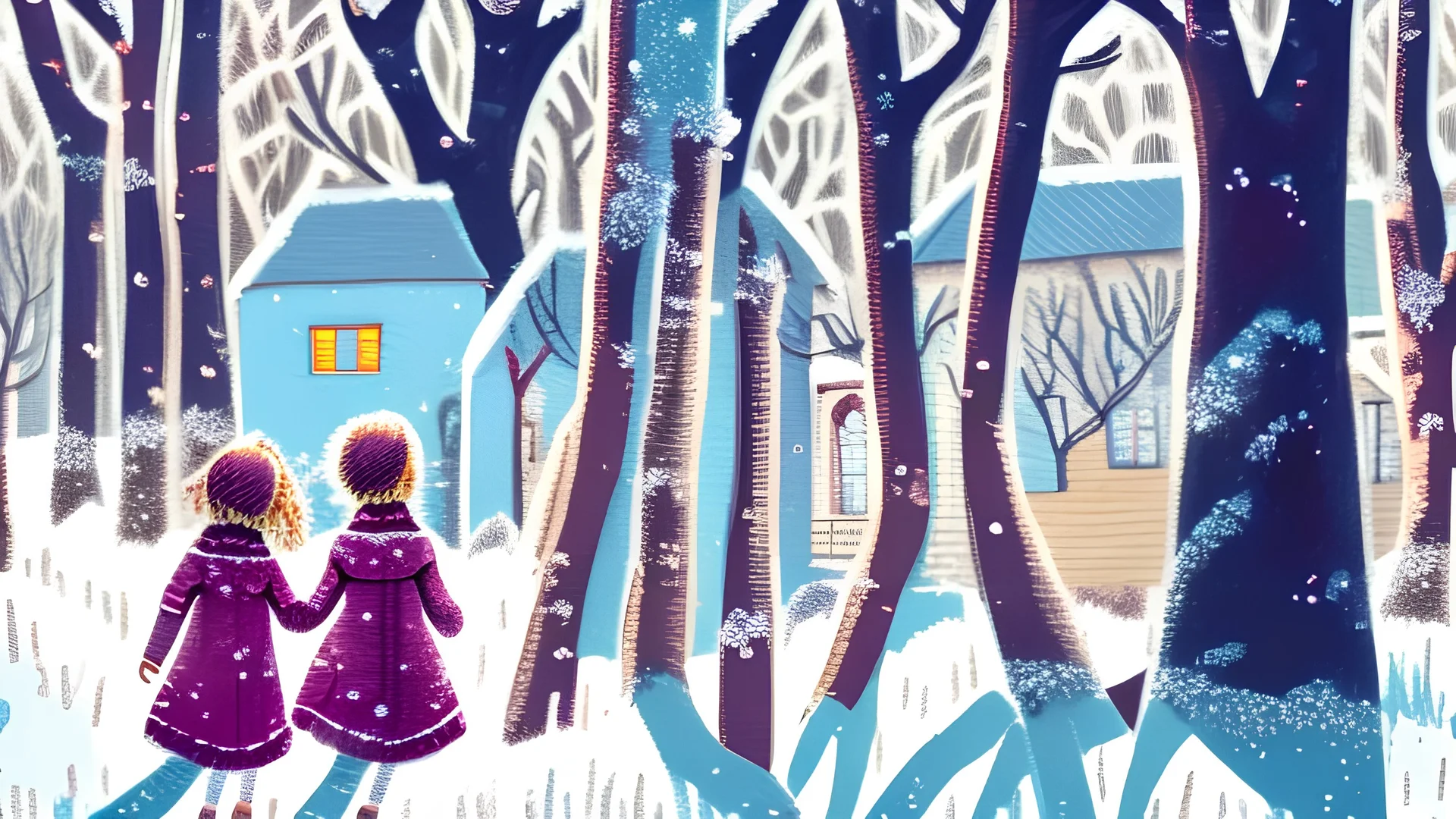 illustration style, 2 little girls, playing with snow, and very happy. The village was a hushed, frozen tableau, and its inhabitants, wrapped in cozy layers of wool, marveled at the winter wonderland that surrounded them. The sun's warmth melted the snow The trees stood as silent sentinels, their branches adorned with glistening jewels of ice, and the ground lay beneath a blanket of pristine white.