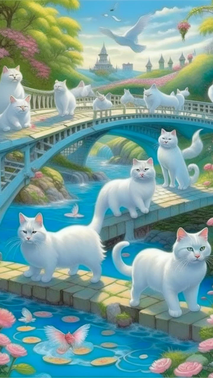 in the center: beautiful chunky white cats playing on a bridge with grey mice, under the brigde flows a small blue river; background: landscape, first plan: pink flowers: white clouds in shape of cats