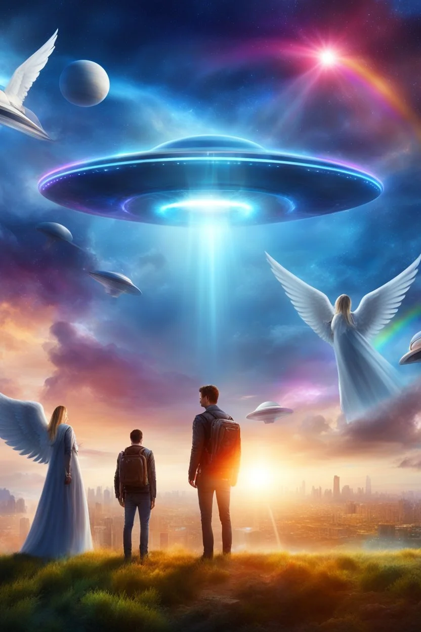 ufo rainbow, cité très futuriste ultra moderne, ufos fleet, intergalactic,angels