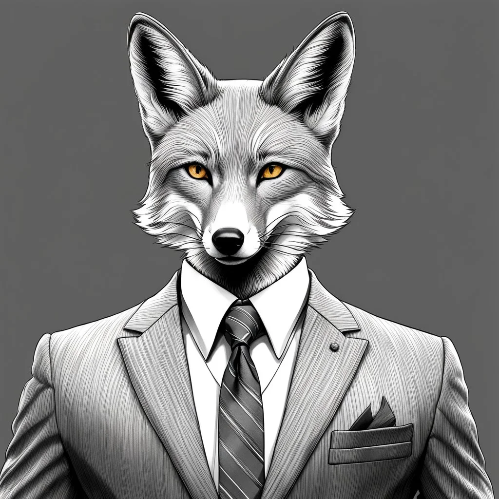 Illustrative sketch of a image of an humanoid fox, suit and tie, arte lineal ultra quality, 8k