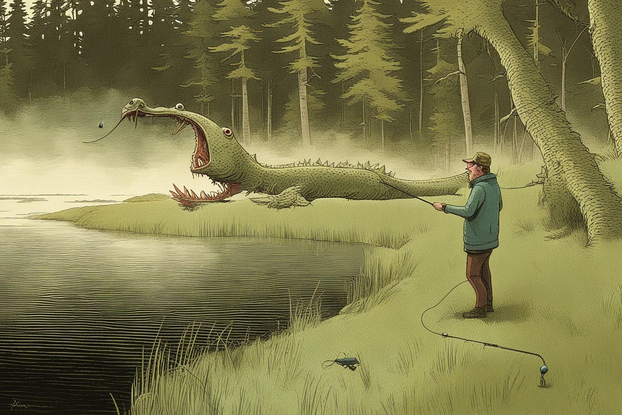 a man catching a sea monster with his fishing rod, cartoon style Simon Stålenhag