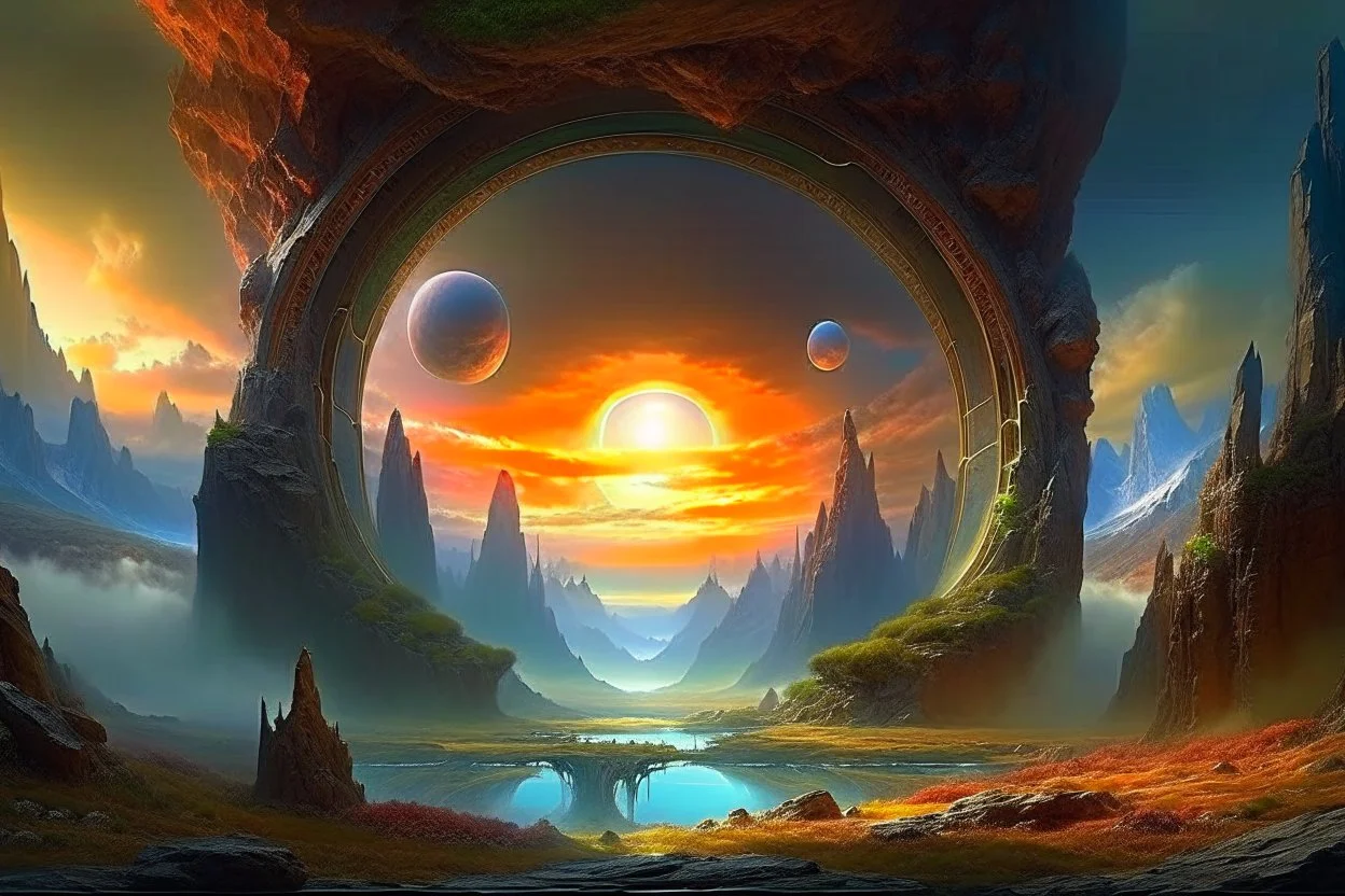 A fantasy painting of mysterious anomalous portals in the sky surrounded by floating islands and hovering rocks above a beautiful landscape in the style of Michael Whelan, energy surge, serene countryside, lush forests, soaring mountains, impressive detail, sunset, high resolution, 4K, 8K, masterpiece