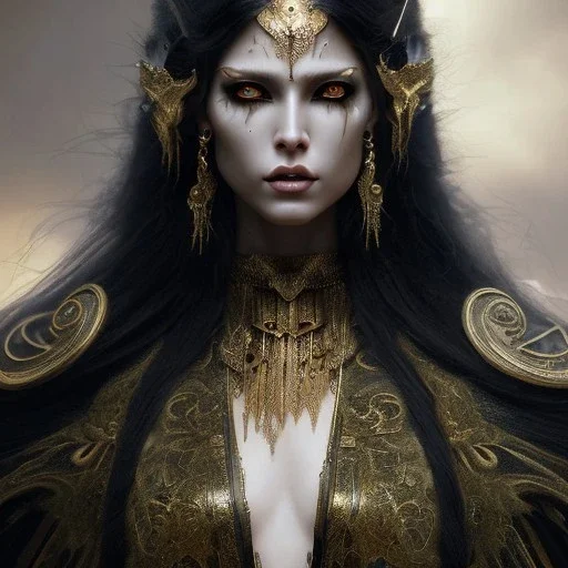 Corrupted priestess, beautiful face, walking, dark hair, yellow eyes with black sclera, tears, running makeup, leather, body tattoos, body piercings, dark fantasy, art by luis royo and greg rutkowski, portrait shot, concept art, insane detail, ray tracing, photorealism, 8k, octane render, frostbite, depth of field, backlight