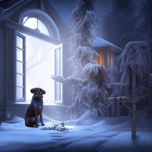  Dog chained to post outside of house with the Grim Reaper standing nearby, light in house window, winter, dead tree in yard, 8k resolution, high-quality, fine-detail, iridescent, intricate, digital art, detailed matte, volumetric lighting, illustration, 3D octane render, brian froud, howard lyon, selina french, anna dittmann, annie stokes, lisa parker, greg rutowski,