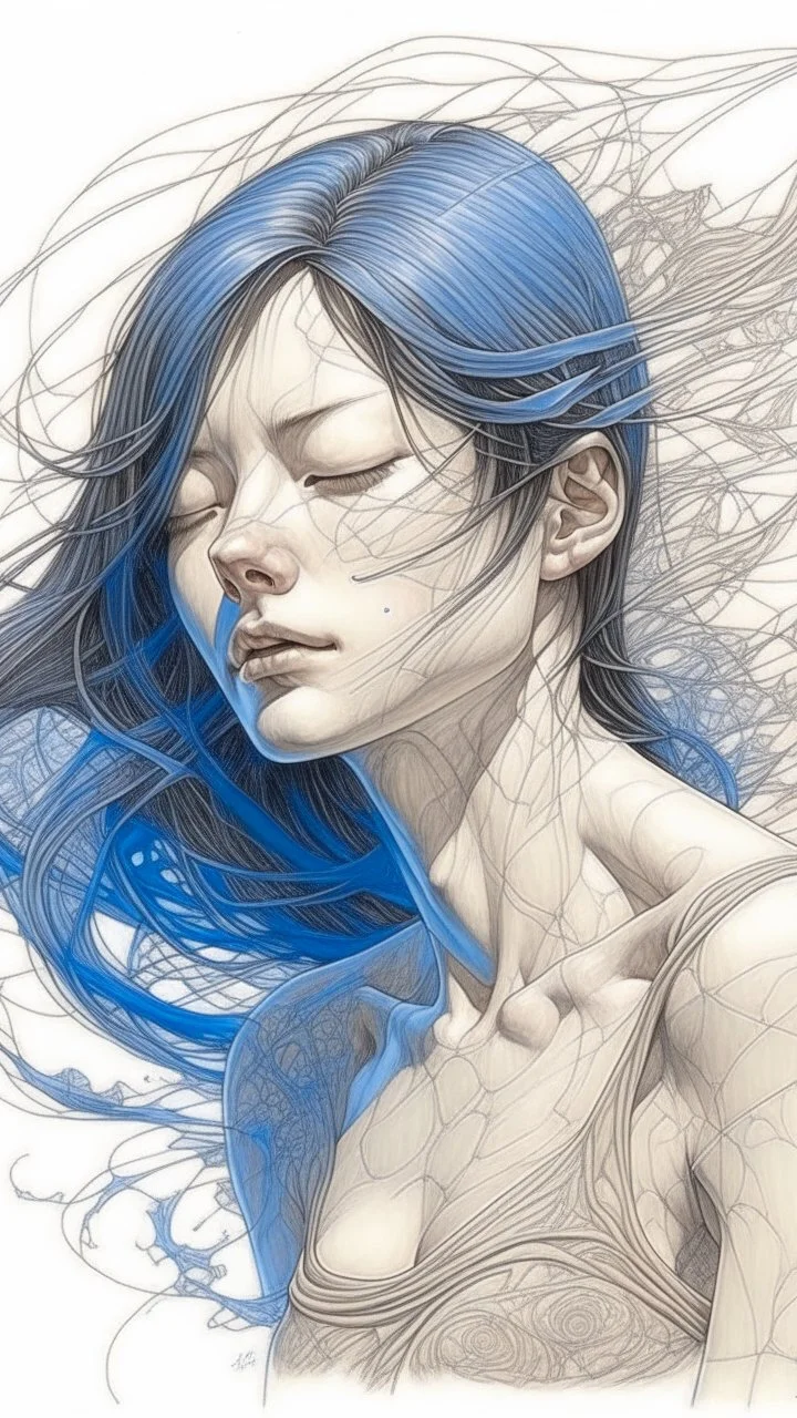 color ballpoint pen drawing: beautiful woman, with a slight smile, in a attractive pose, splashing, scraping, on embossed paper, coarse paper, by Aaron Horkey