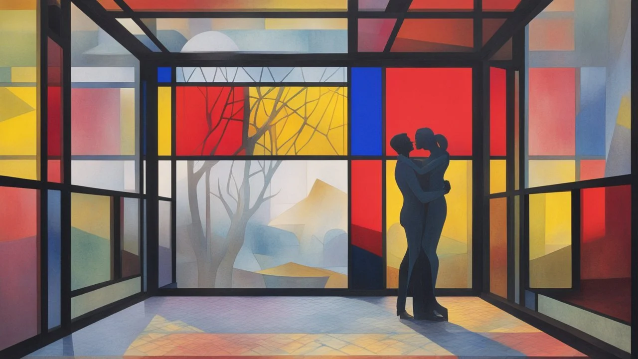 A colorful abstract interior scene with a large window overlooking a (misty outdoor landscape. In the foreground, there is a silhouetted sculpture of two embracing figures against a backdrop of vibrant geometric shapes and patterns in red, yellow, and blue)