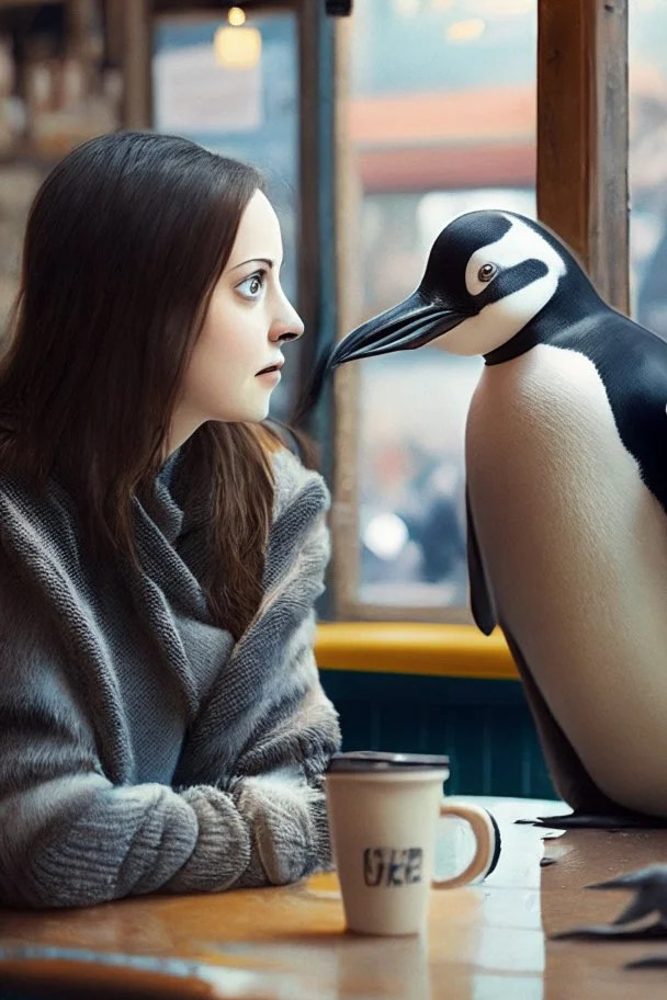 young woman talk to a penguin in coffee-shop