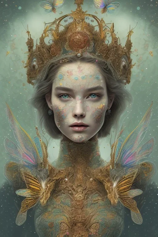 upper bust portrait, the queen of butterflies, coloured paint like butterfly wings on face in symmetrical pattern, intricate metal work crown, extremely detailed clothing, in a field of roses, 8k resolution concept art, dynamic lighting, intricately detailed, hyperdetailed, beautiful, ethereal, elegant, golden hour, (butterfly), gothic