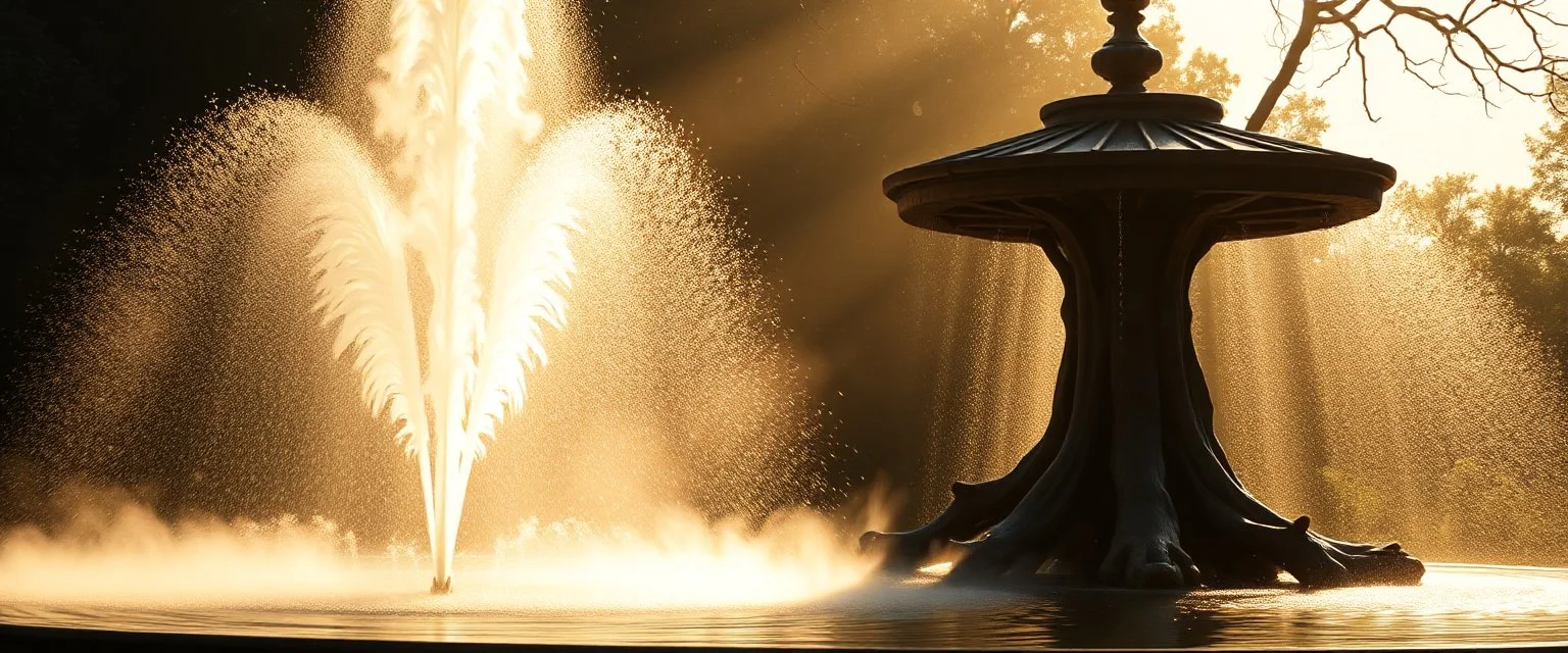 flickering tv screen, a fountain light mist smoke and feathers, radiant white feather light mirror bounce ancient angelic wooden treant by dark fountain,sonoluminessence