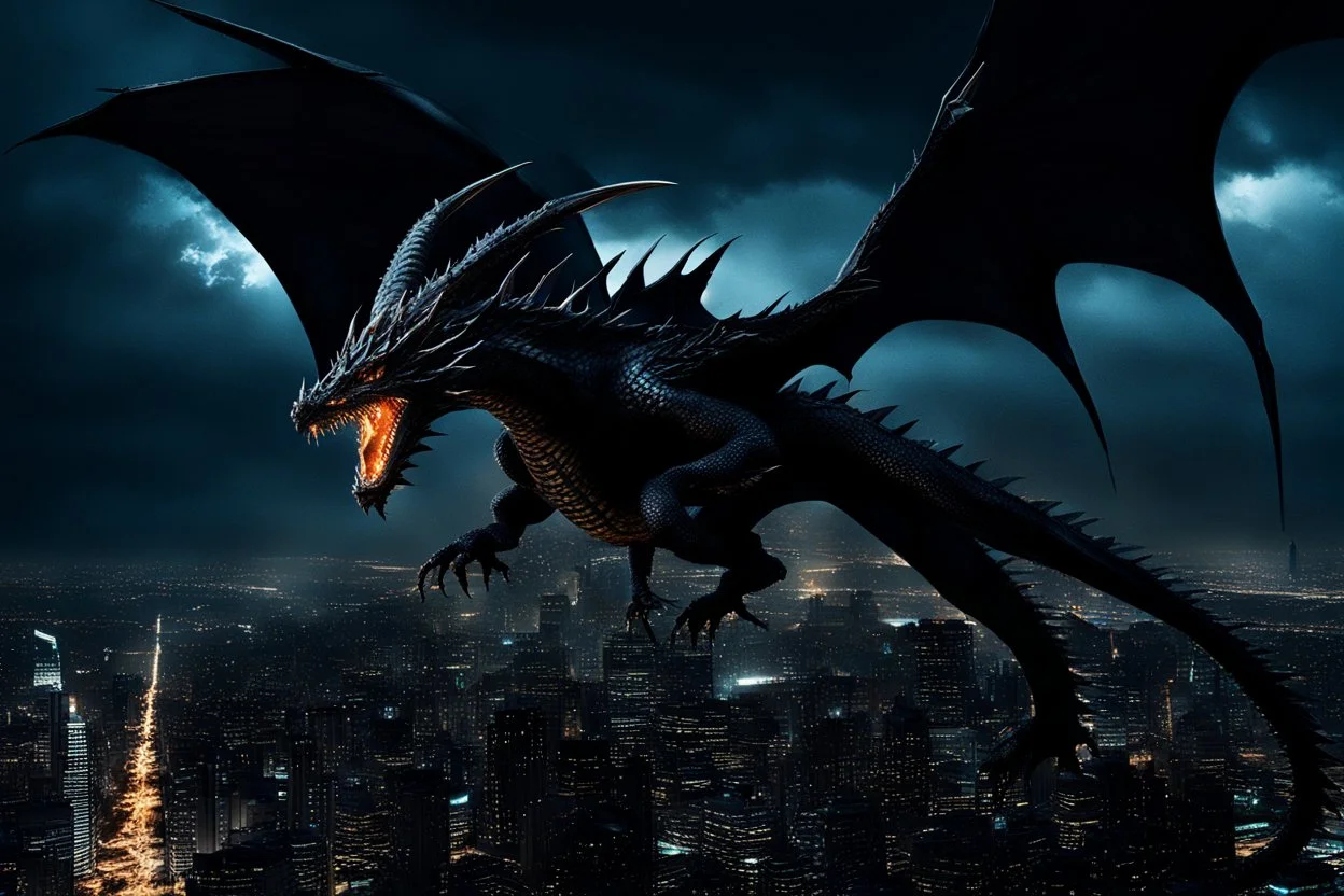 black dragon flying across the city at night dark fantasy lightening legs outstretched