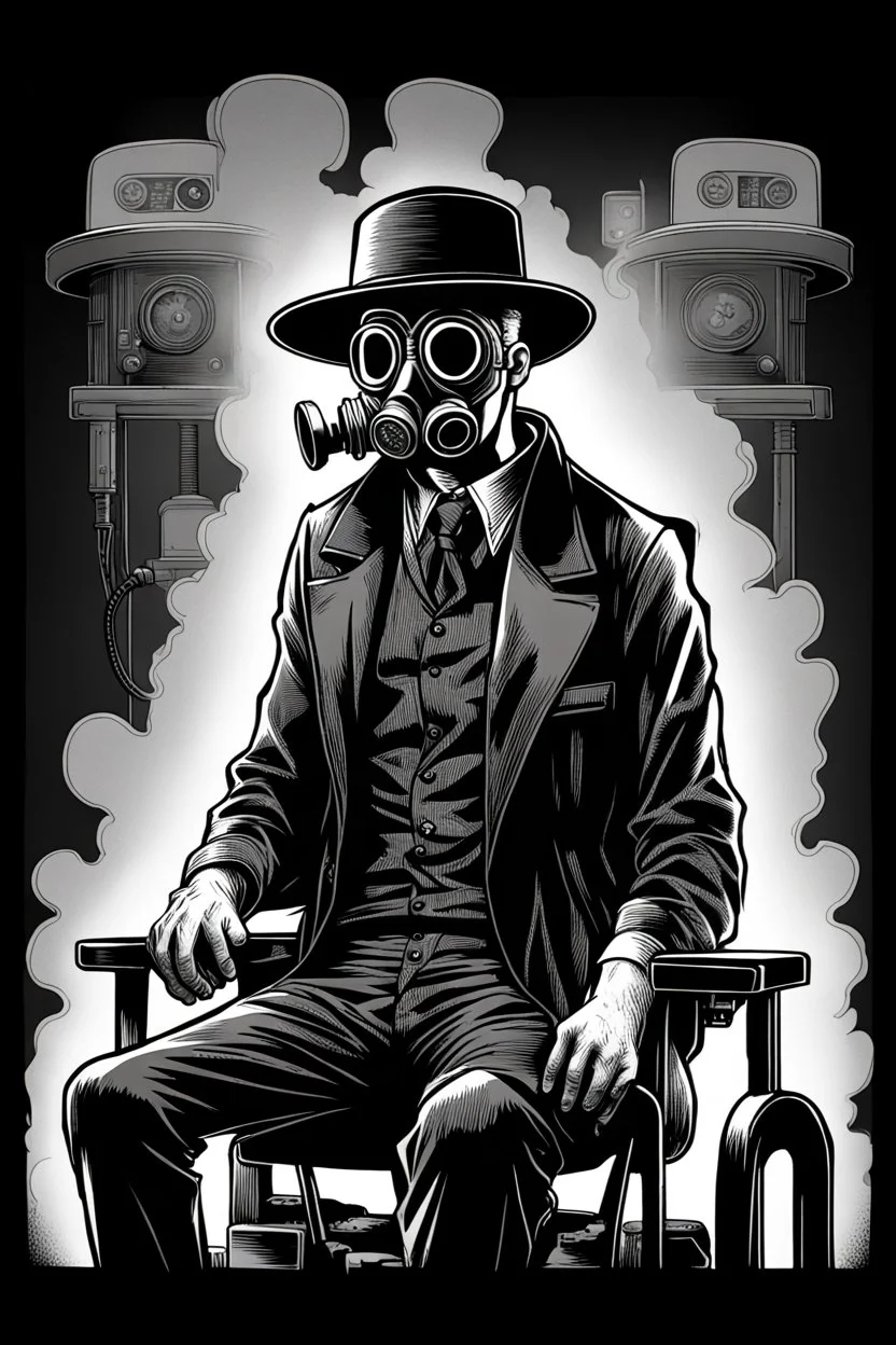 man with hat (wide and flat brim and a flat top) shading face, wearing a gas-mask standing beside an electric-chair, vignette, black and white graphic novel style with a red outline on black background, gothic horror