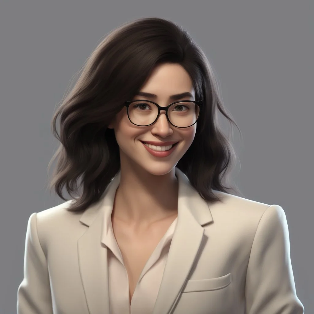 a portrait of smiling woman wearing ivory blazer with white shirt inside. long black hair, messy hair. light skin. black eye pupils. big nose. pear face shape. wearing small rectangle glasses, transparent frame color. thick eyebrow. pixar style. 3D. 4k. portrait. highly detailed. sharp focus. high resolution. full color. cinema lighting