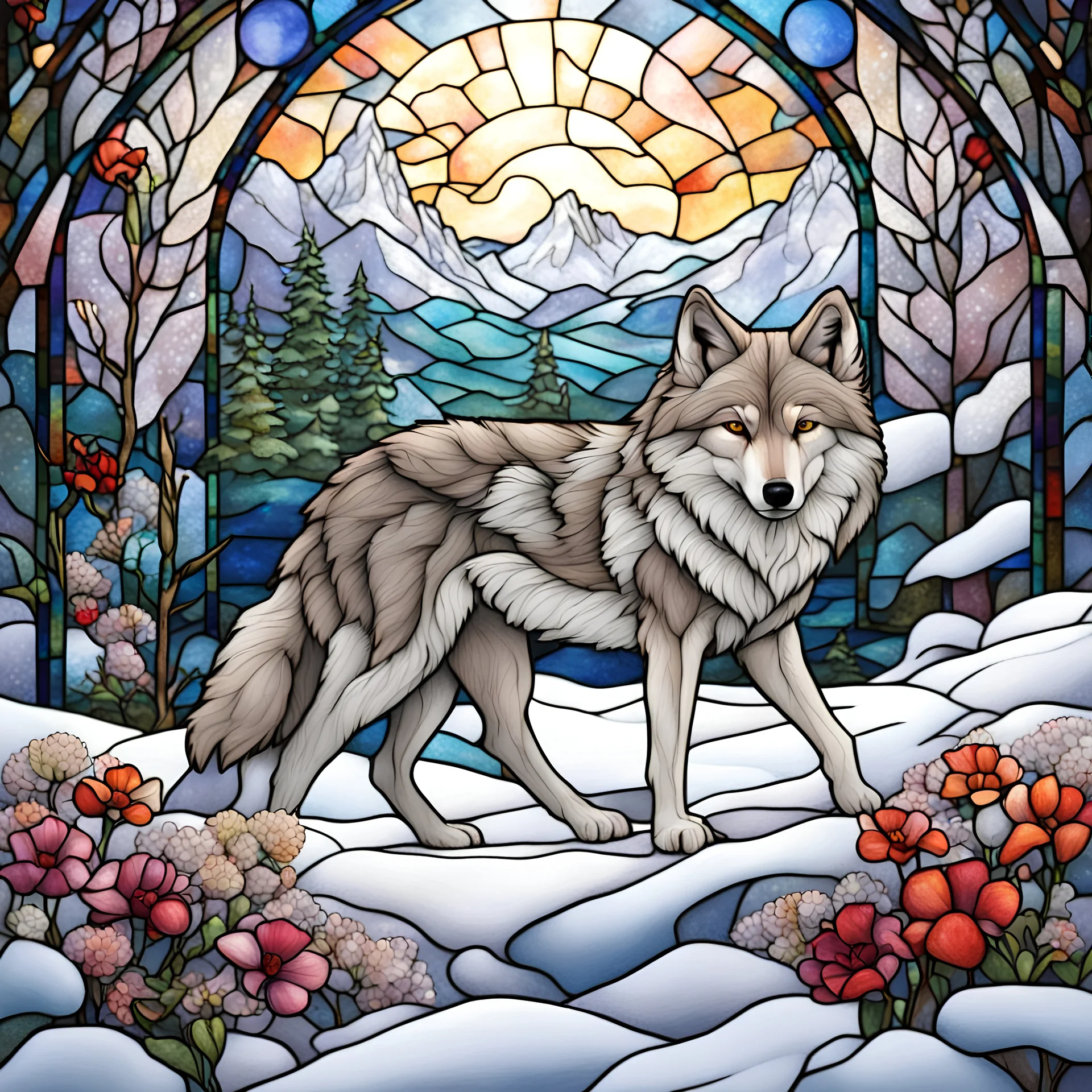 A gorgeous & beautiful wolf i a snow landscape, flowers in the foreground, in stained glass