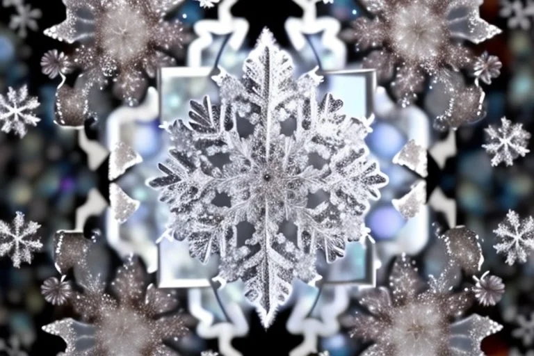 snowflakes, flowers, blur 5%, double exposure, merged layers, silver glitters, in the first part (near to us) of the picture you can see a plain sandblown smoked glass, engraved with a folk art pattern, the glass is cracked in several places, in some places the glass is broken, crumpled burlap, through it you can see a tropical rainforest with a waterfall, mist, tooth, sunrise