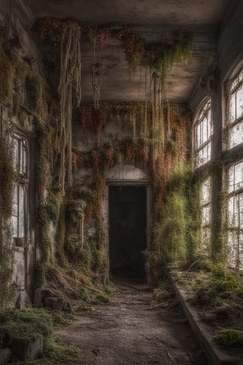 skeletal derelict buildings with hanging plants and vines, with coloured fungi and mushrooms on the walls