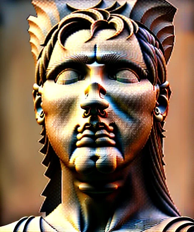 Gran angular, Realistic image, roman sculpture, marble material, Lionel Messi with Laurel wreath model, miguel angel style, God light, god rays, 4k resolution, perfect details, ornate details, soft lighting, unreal engine 5, soft cyan background.