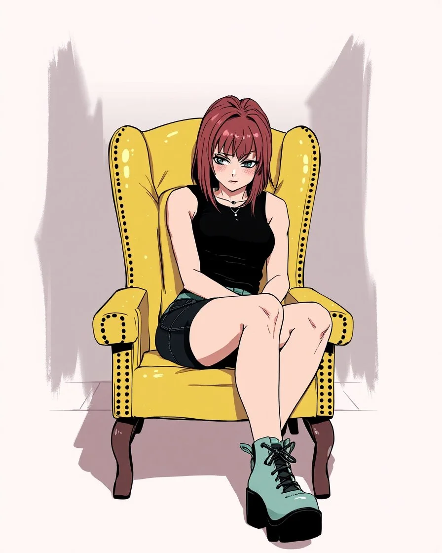 pouting emo woman sitting down into a chair, gen13 and tankgirl style