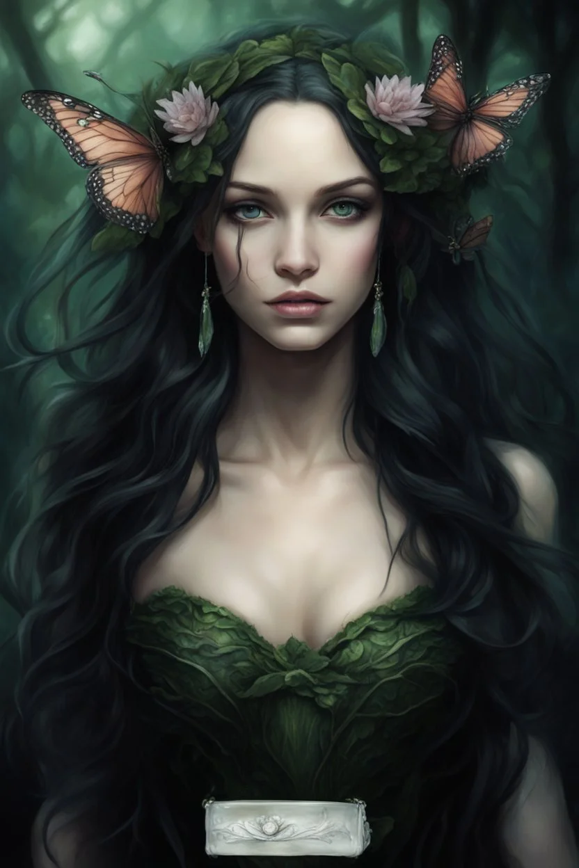 Water lilies Dark green long hair Dark Fairy princess queen crown butterflies dragonflies fireflies elven tiara flowers fairy wings emerald moss